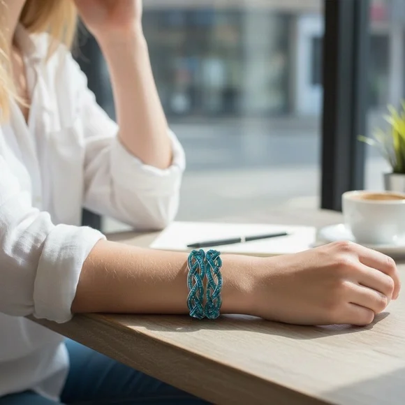 🌻 Braided Seed Bead Cuff Bracelet- Teal & Silver - Picture 4 of 12